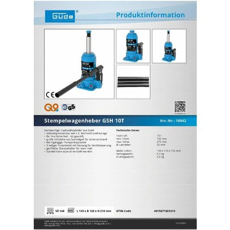 Güde Hydraulikheber Stempelwagenheber Wagenheber Stempelheber Stütze GSH 10 T 7 Güde Hydraulikheber Stempelwagenheber Wagenheber Stempelheber Stütze GSH 10 T – Bild 5