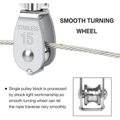 LITZEE 5-teilige Einzelwirbelrolle M15 Heavy Duty Edelstahl Einzelrolle Einzelblock Glatte 35KG Laderolle Zum Heben Von Seil Kabel Wäscheleine 5 LITZEE 5-teilige Einzelwirbelrolle M15 Heavy Duty Edelstahl Einzelrolle Einzelblock Glatte 35KG Laderolle Zum Heben Von Seil Kabel Wäscheleine – Bild 3