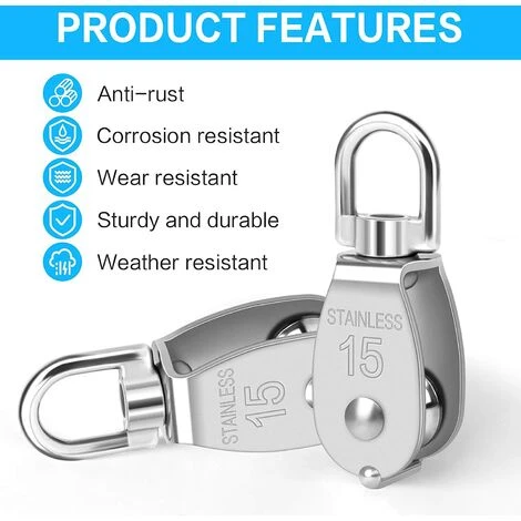 LITZEE 5-teilige Einzelwirbelrolle M15 Heavy Duty Edelstahl Einzelrolle Einzelblock Glatte 35KG Laderolle Zum Heben Von Seil Kabel Wäscheleine 7 LITZEE 5-teilige Einzelwirbelrolle M15 Heavy Duty Edelstahl Einzelrolle Einzelblock Glatte 35KG Laderolle Zum Heben Von Seil Kabel Wäscheleine – Bild 5