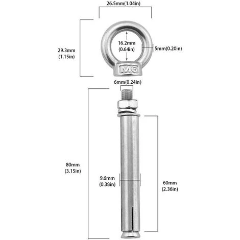 LangRay-Expansionsschrauben M6 X 80 Mm Stahlhülsen-Augenschraube 304 Edelstahl-Expansionsanker Augenschraube Ankerbolzen 5er-Pack 7 LangRay-Expansionsschrauben M6 X 80 Mm Stahlhülsen-Augenschraube 304 Edelstahl-Expansionsanker Augenschraube Ankerbolzen 5er-Pack – Bild 5